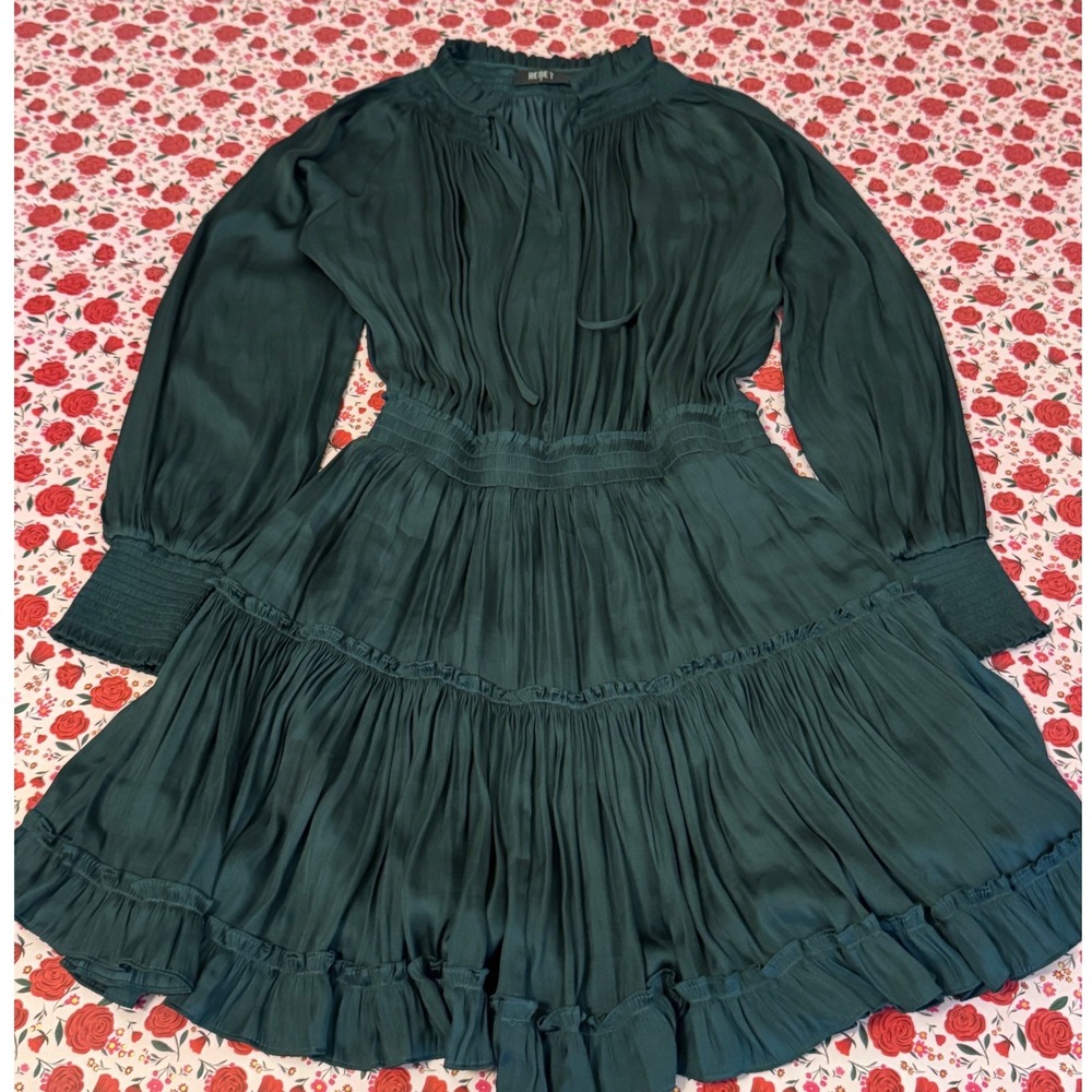 RESET Emerald Green Smocked Tiered Mini Dress Long‎ Sleeve Satin  Womens S D3
